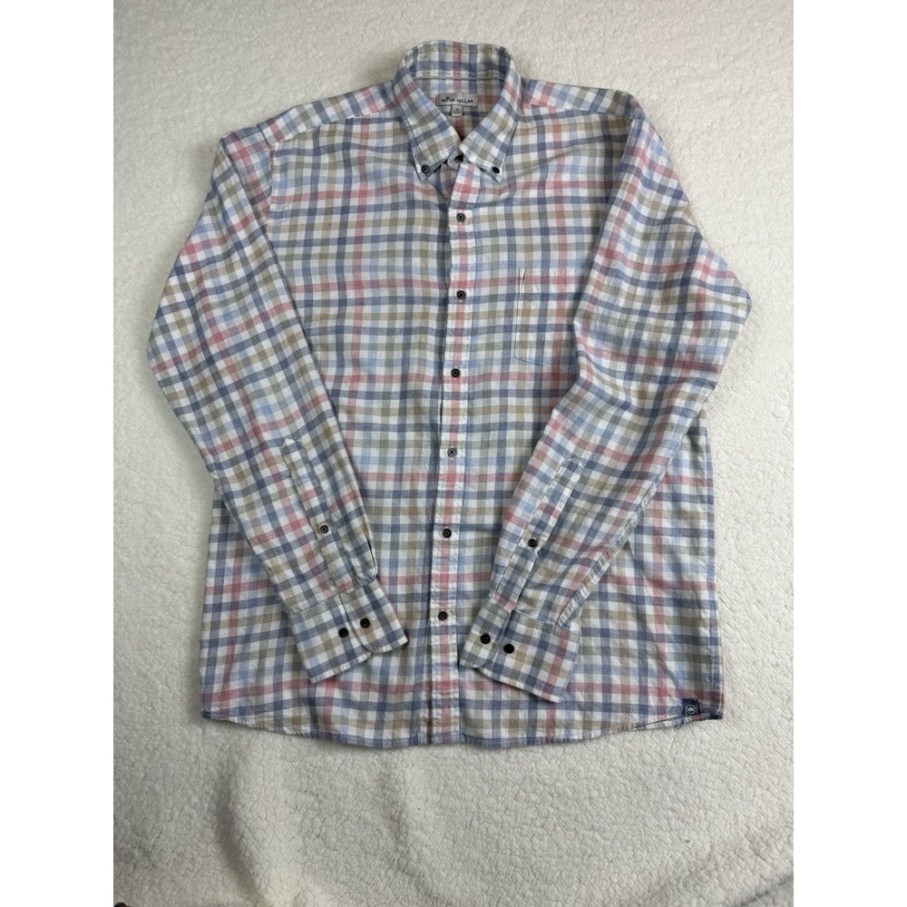 Peter Millar Seaside Button Up Shirt Mens M Check Pattern Blue Pink Cotton